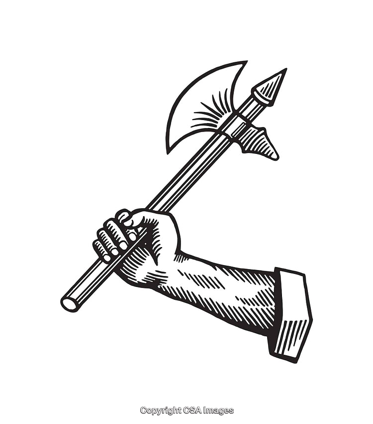 Hand Holding Battleaxe Illustration in Black and White Line Art Style