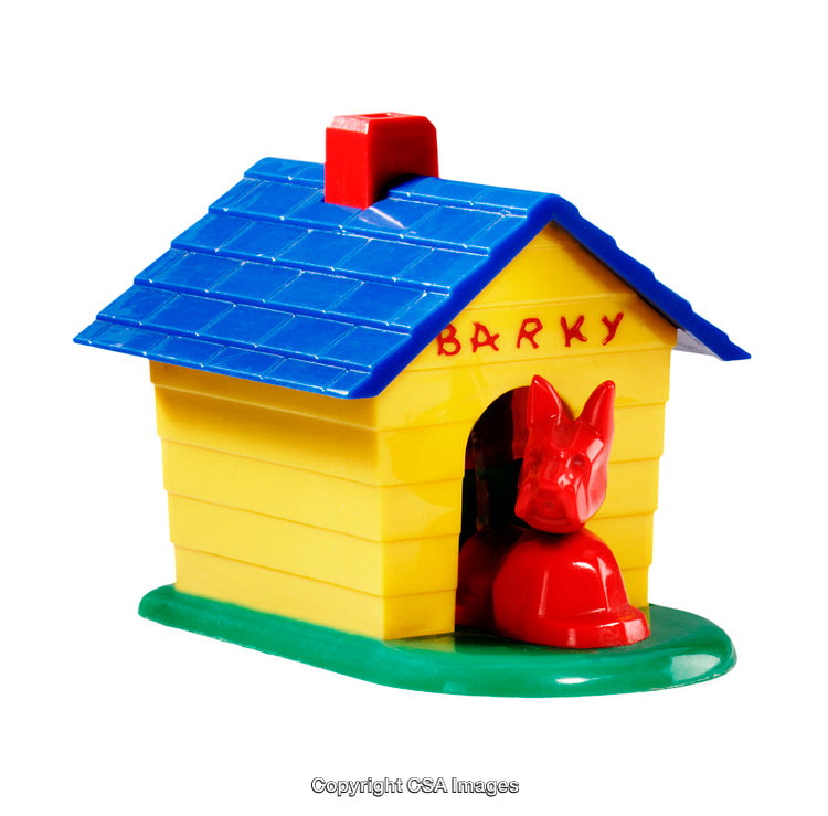 Yellow Plastic Doghouse With Blue Roof and Red Dog Figurine