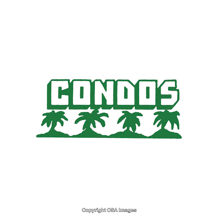 Green Condos Graphic Text with Palm Trees Design on White Background