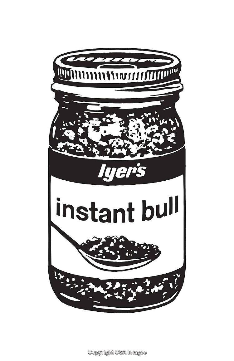Humorous Black and White Illustration Featuring Instant Bull Jar Design