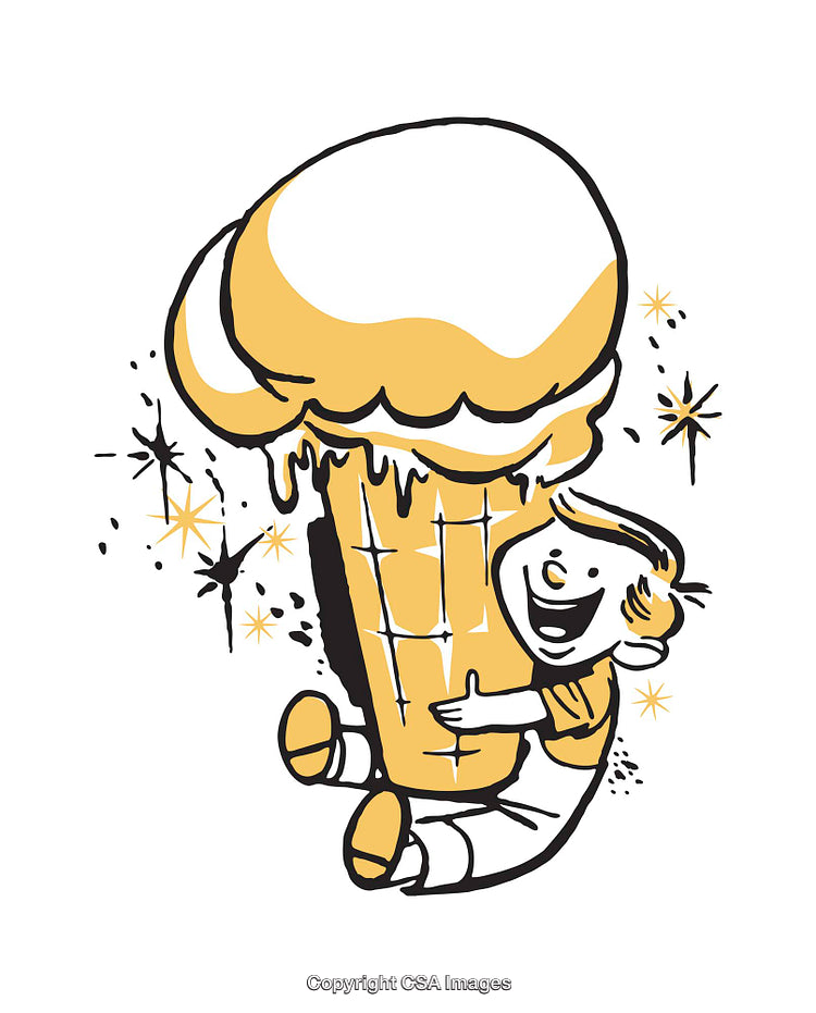 Vintage Style Boy Hugging an Oversized Ice Cream Cone Illustration