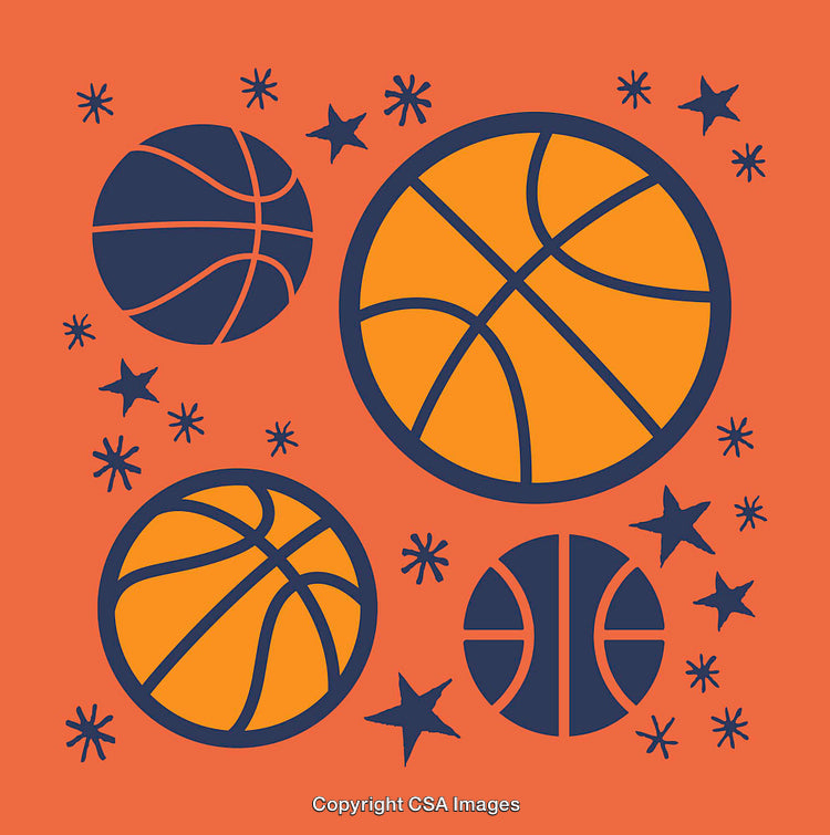 Colorful Basketball Illustration with Orange and Blue Design Elements