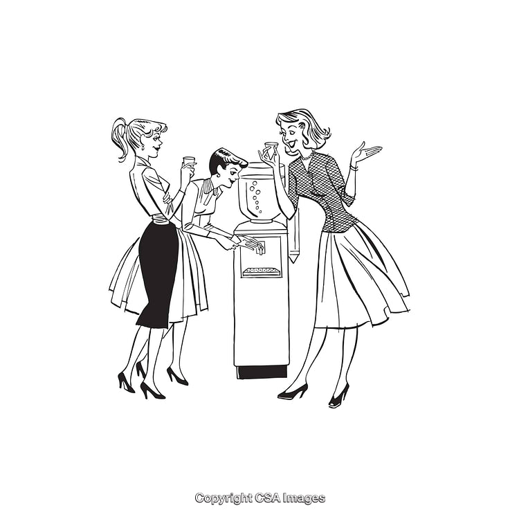 Vintage Line Art of Women Conversing Around a Water Cooler