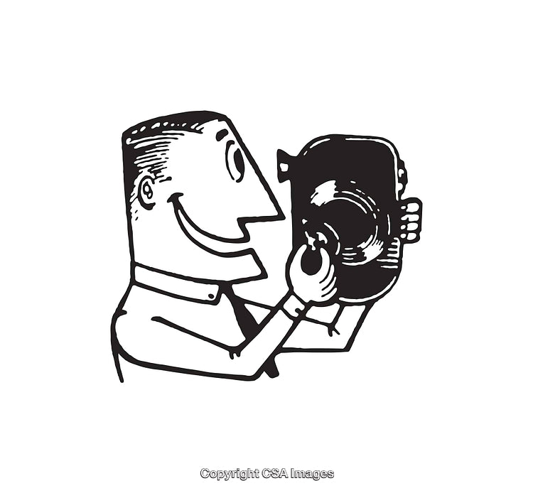 Retro Black and White Illustration Featuring a Smiling Man with a Record