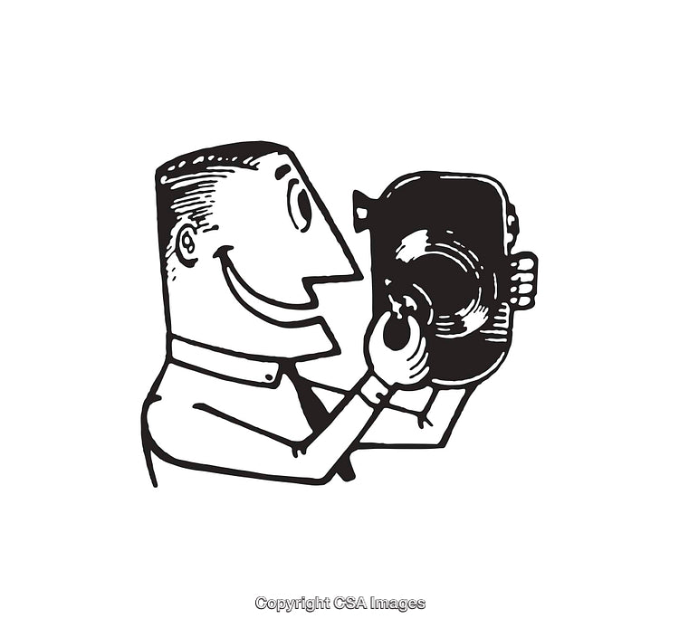 Retro Black and White Illustration Featuring a Smiling Man with a Record
