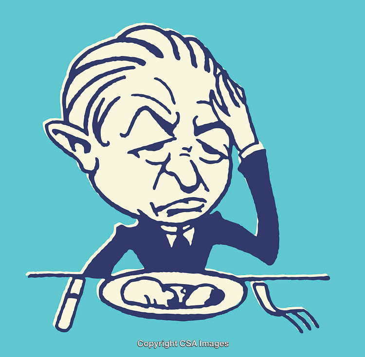 Cartoon of a Concerned Man Sitting at the Dinner Table