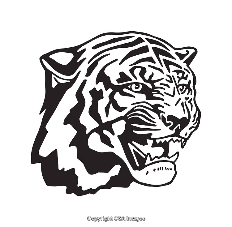 Black and White Stylized Line Art Illustration of a Tiger's Head