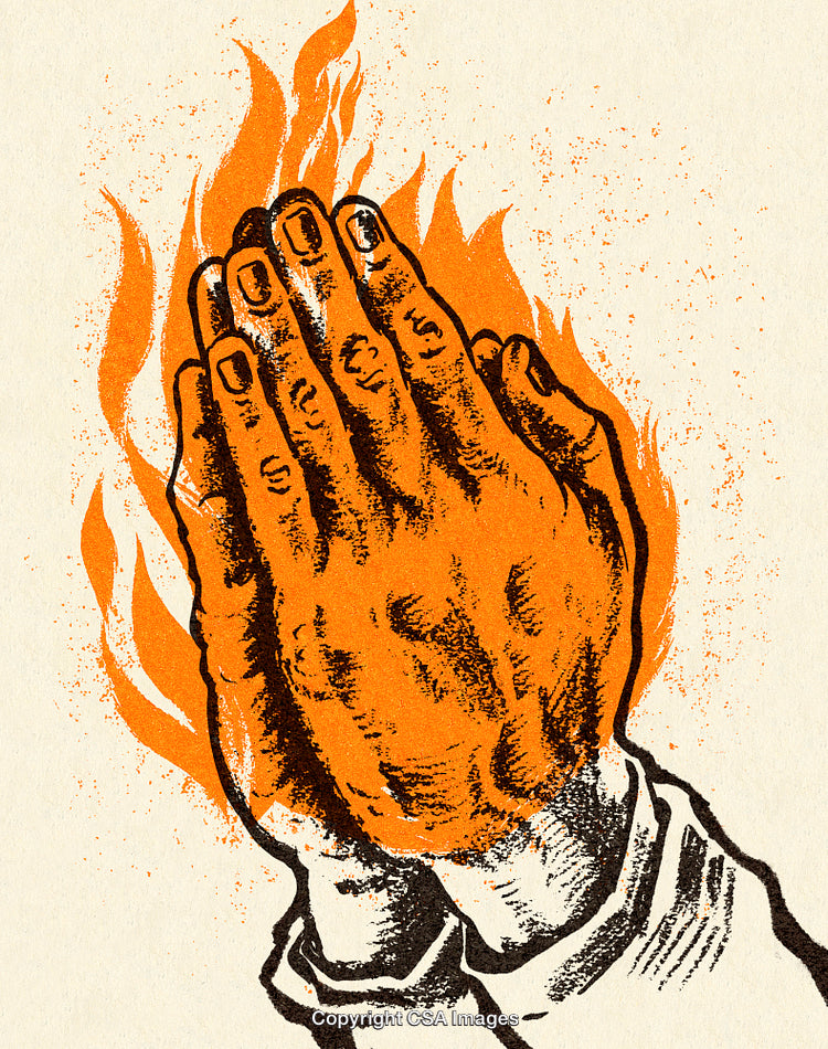 Illustrated Hands in Prayer with Flames Symbolizing Passion and Spirituality