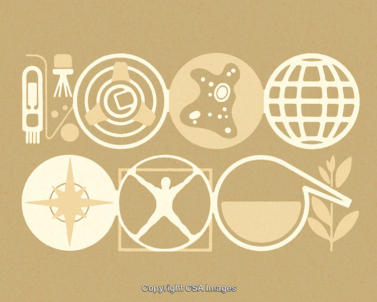 Abstract Symbolic Icons Representing Science, Nature, Technology, and Human Evolution