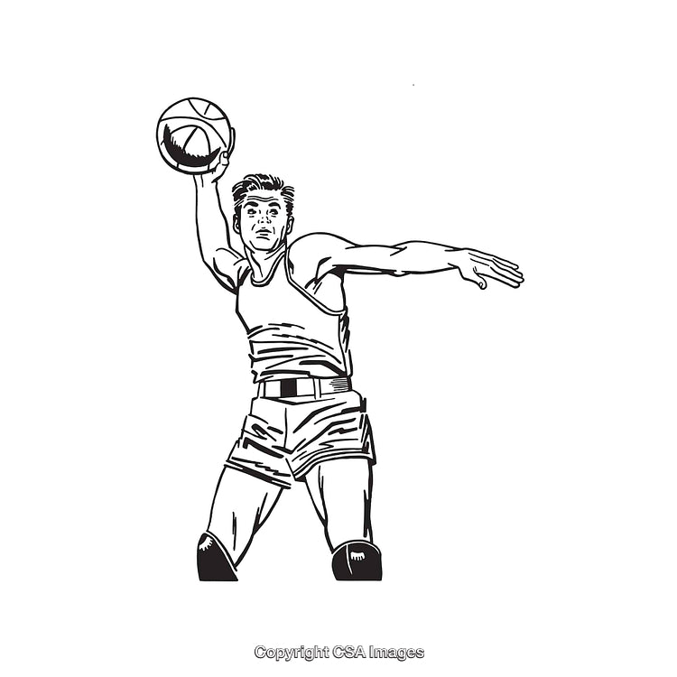 Dynamic Vintage Style Illustration of a Basketball Player Throwing a Ball in Action
