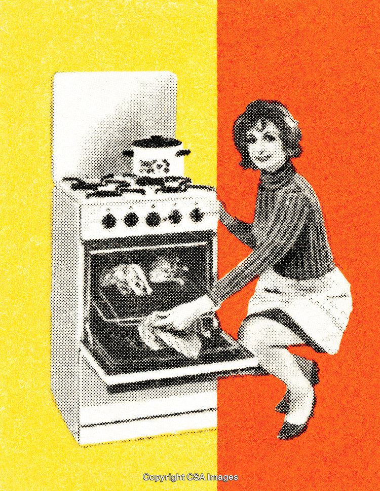 Retro Style Chef Cooking with Oven and Stove in Vibrant Colors