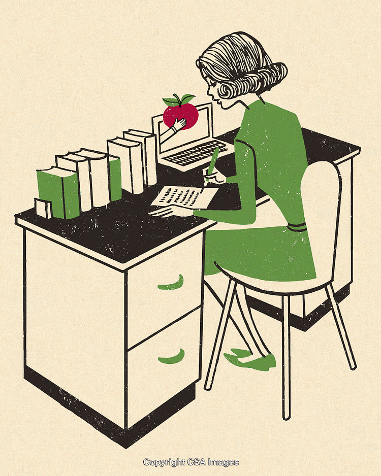 Retro Illustration of a Woman Writing at a Desk with Books and Computer