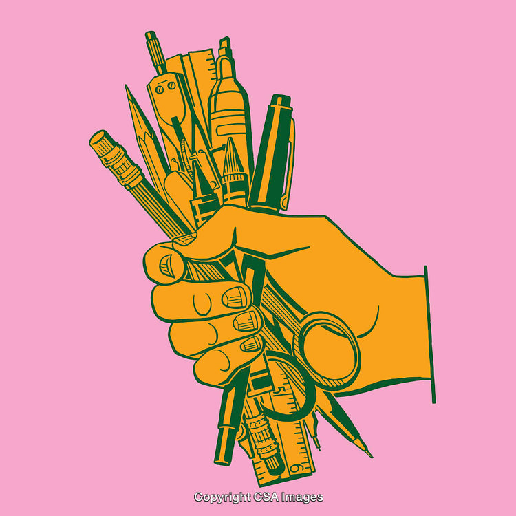 Colorful Line Art Illustration of Hand Holding Drawing Tools on Pink Background