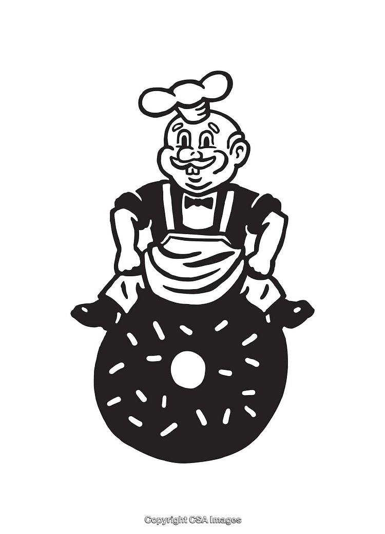Chef Cartoon Sitting on Doughnut in Black and White Line Art