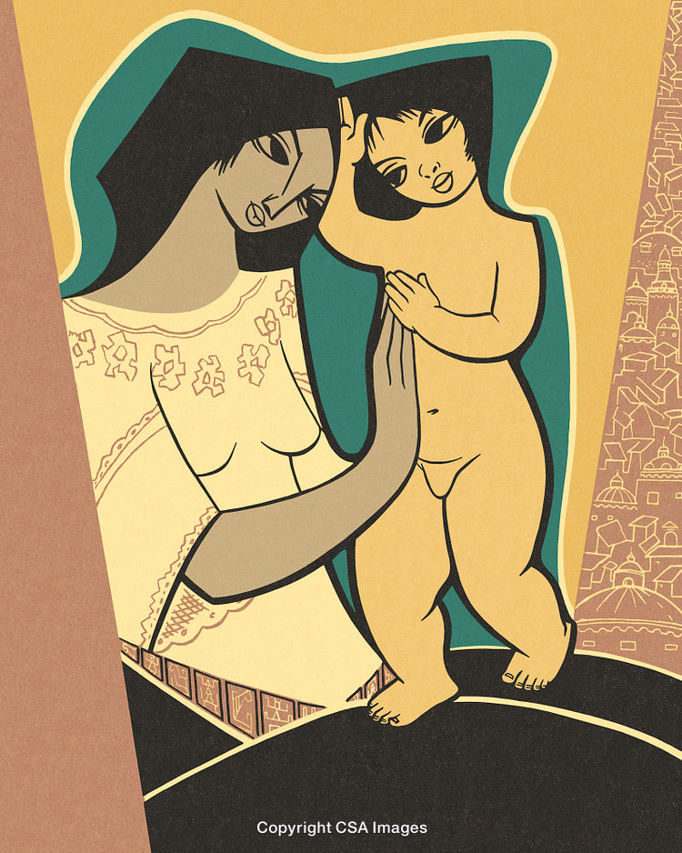 Artistic Depiction of Mother and Child with Warm Tones and Symbolic Elements