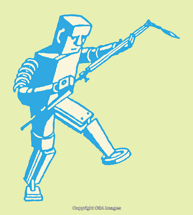 Robotic Figure with Spear in Bold Blue on Vibrant Background
