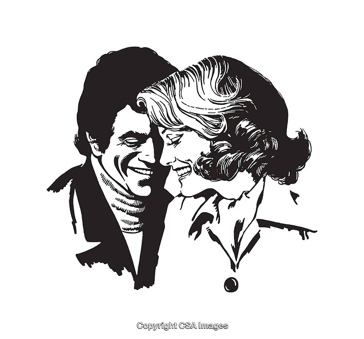 Black and White Line Art of Couple Sharing a Happy Moment Smiling