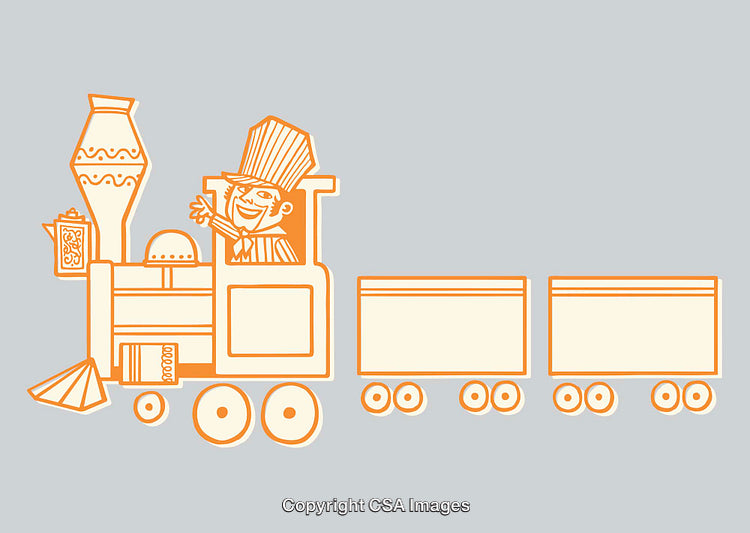 Playful Cartoon Train with Happy Conductor in Line Art Style