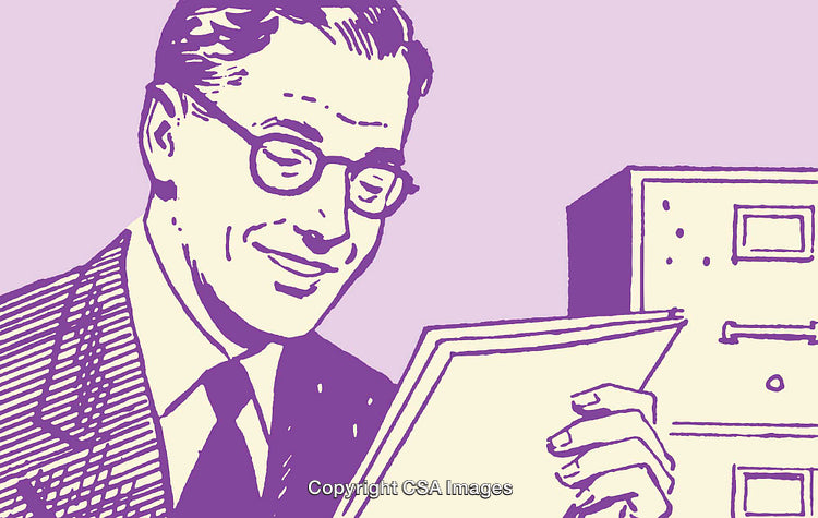 Retro Style Illustration of a Smiling Professional Man Reading a Document