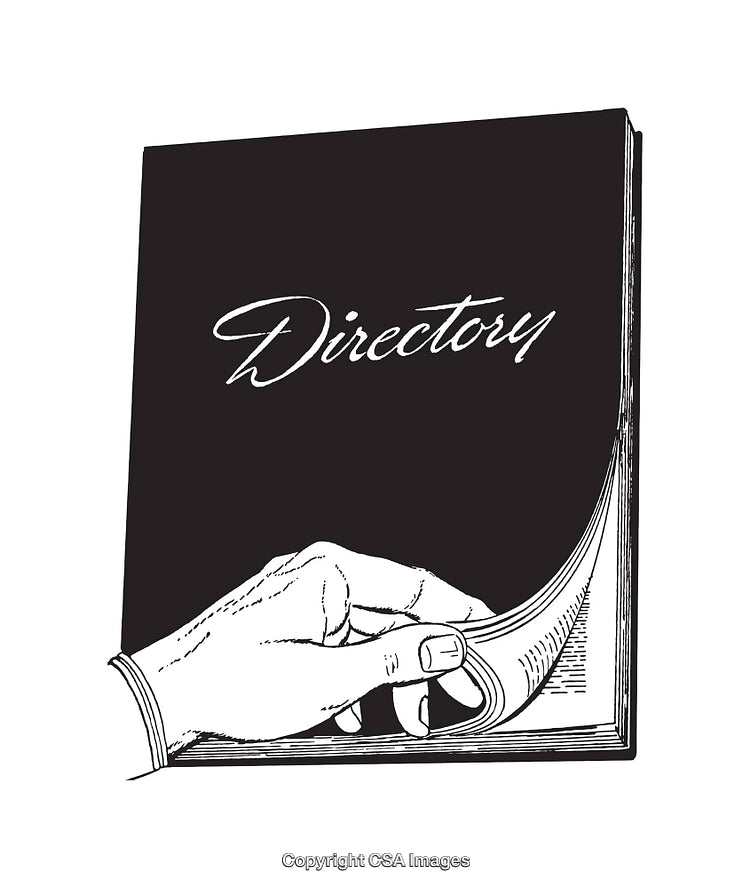 Black and White Line Art Illustration of Directory With Hand Turning Page
