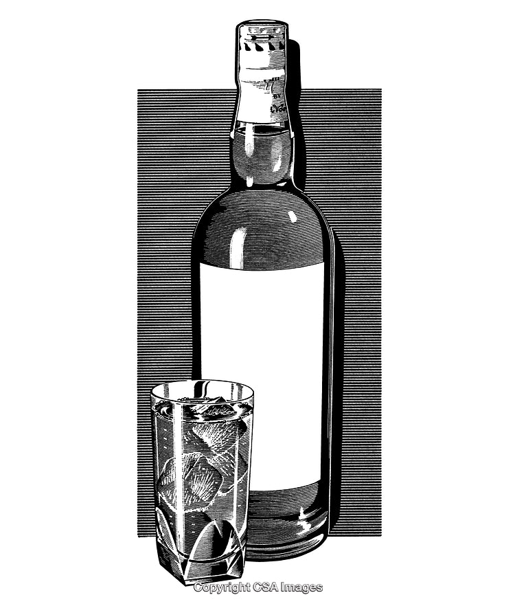 Engraved Illustration of Bottle and Glass with Ice in Black and White