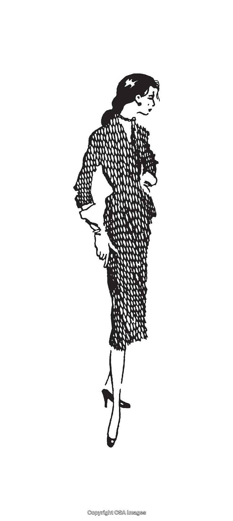 Elegant Black and White Illustration of a Woman in Vintage Clothing