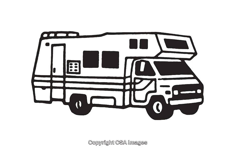 Black and White Line Art Illustration of a Recreational Vehicle