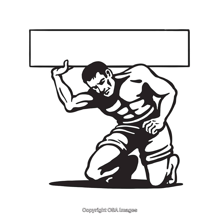 Black and White Illustration of a Strongman Holding a Blank Sign Board