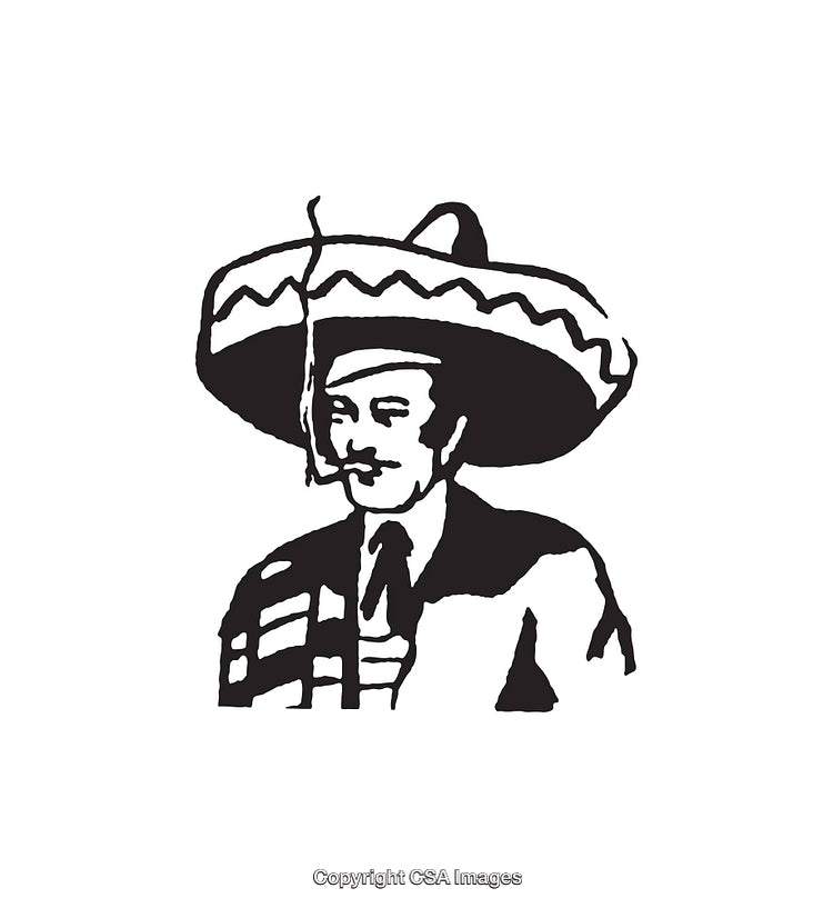 Black and White Line Art of a Man in a Traditional Sombrero