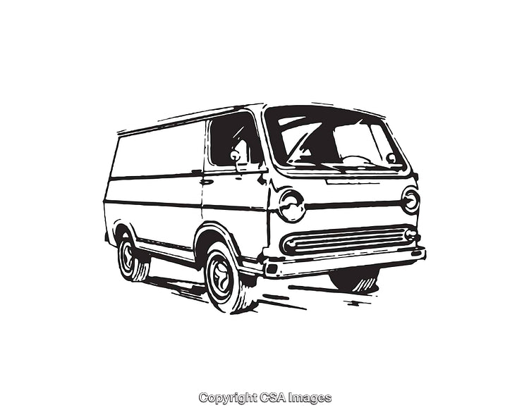 Black And White Line Art Illustration of a Vintage Delivery Van