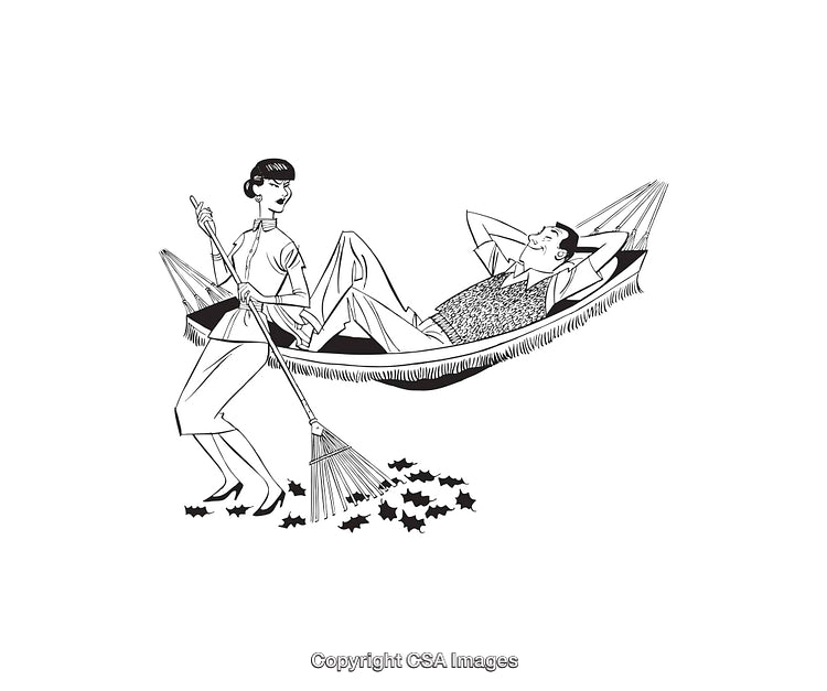 Humorous Illustration of a Relaxing Man and a Sweeping Woman in Line Art