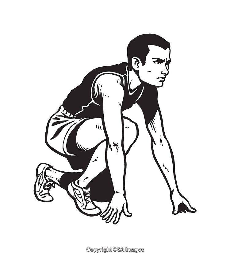 Black and White Illustration of a Sprinter Preparing to Run