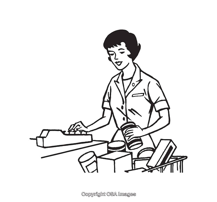 Illustration of a Groceries Cashier Operating Checkout Register
