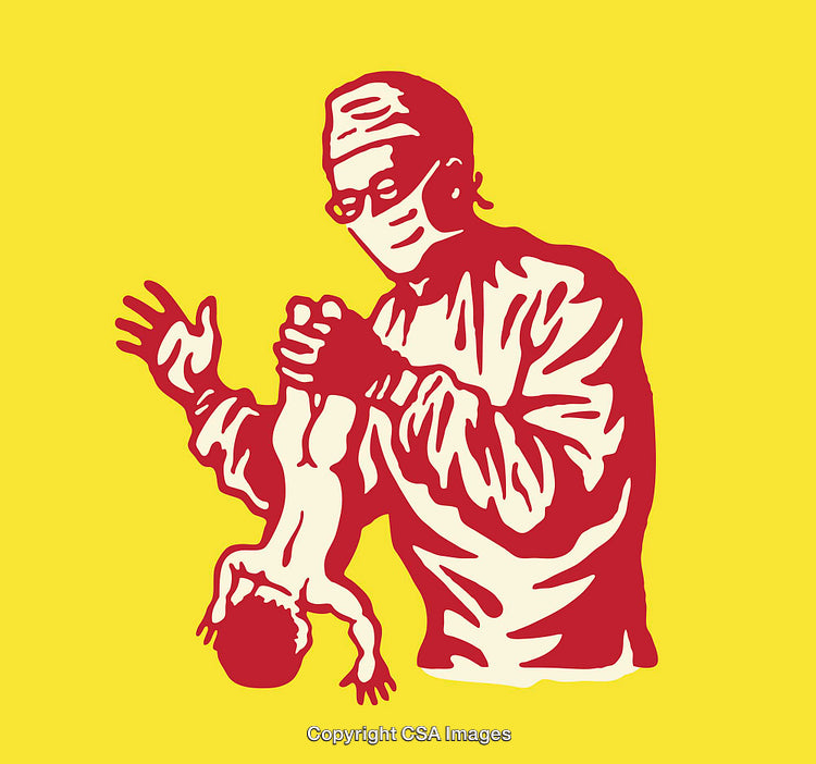 Colorful Line Art Illustration of a Doctor Holding a Newborn Baby