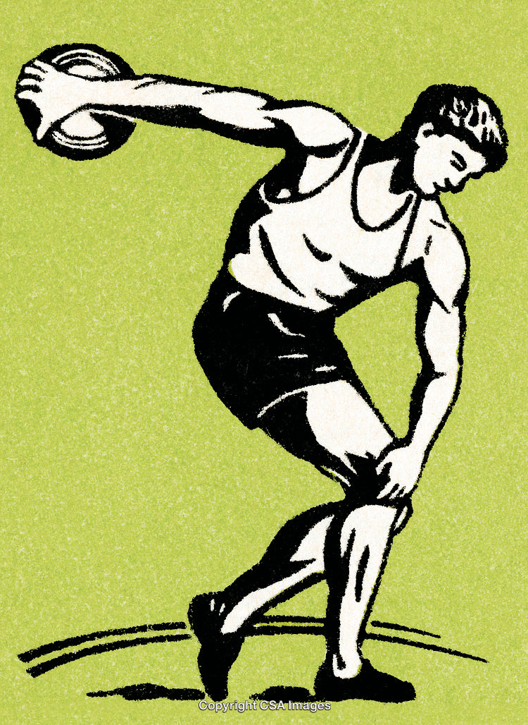 Illustration of an Athlete Throwing a Discus on a Green Background