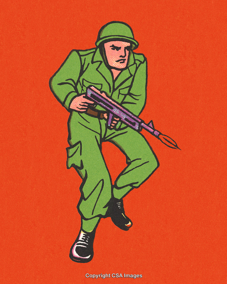 Retro Styled Soldier Illustration Holding a Weapon on Vibrant Background