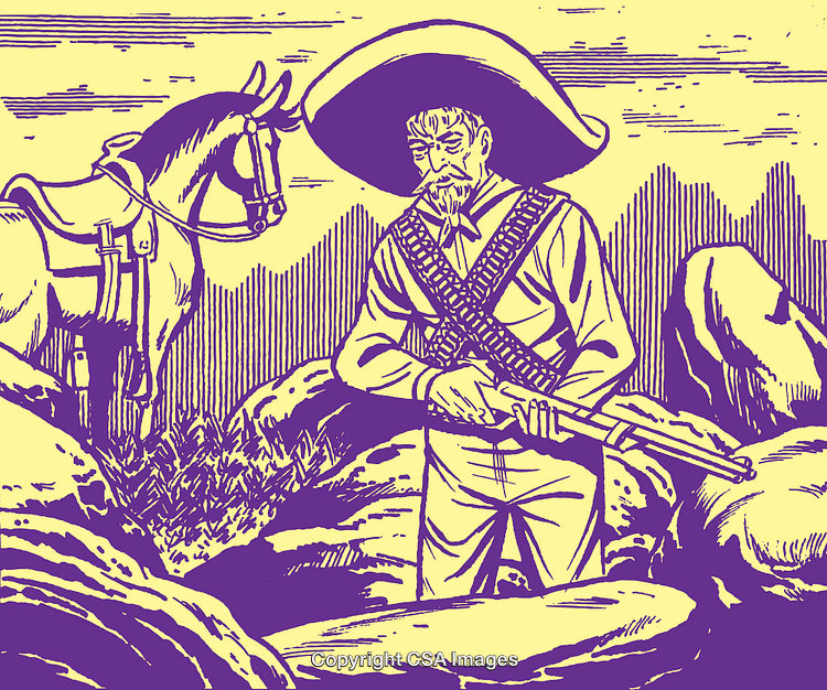 Retro Illustration of a Revolutionary Man Armed in a Desert Landscape