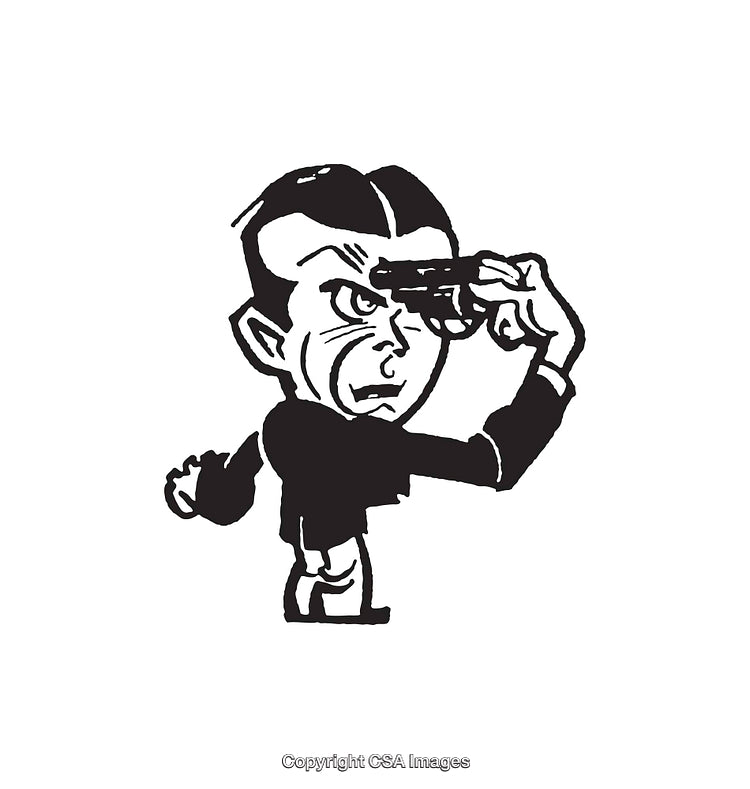 Black and White Line Art of a Thoughtful Cartoon Character Saluting