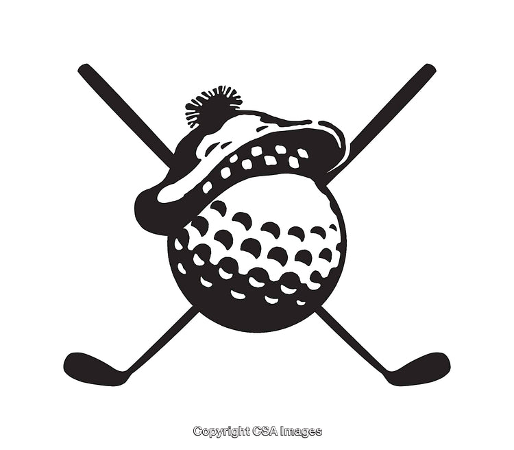 Black and White Artistic Golf Ball and Crossed Clubs Illustration