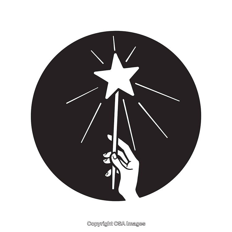 Black and White Line Art of a Hand Holding a Star Wand