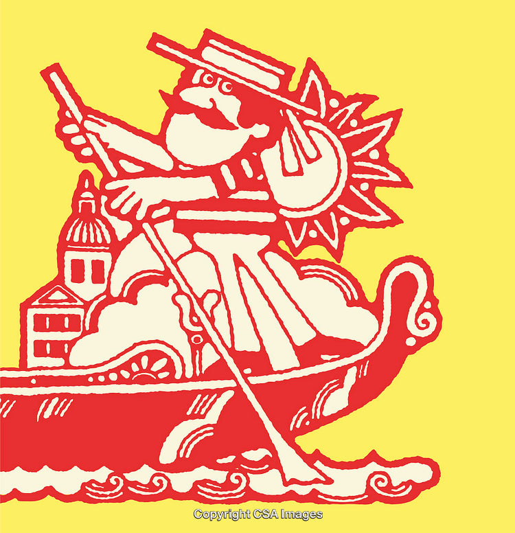Colorful Illustration of Gondolier in Venice with Sunlit Scenery