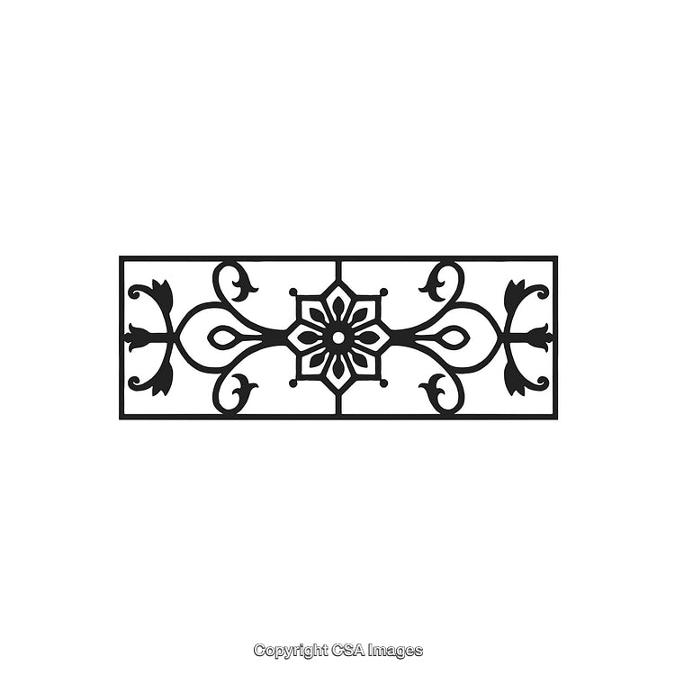 Black and White Decorative Ornament with Floral and Scrollwork Design