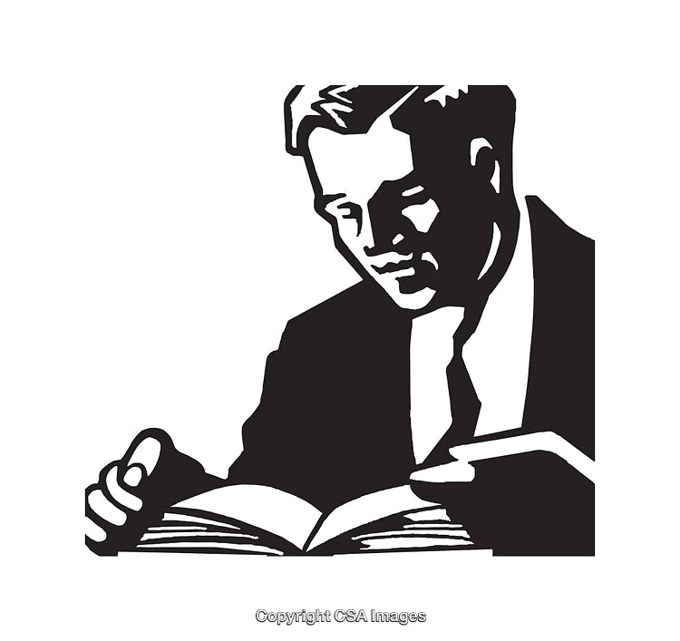 Black and White Illustration of a Man Reading an Open Book