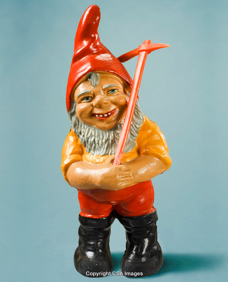 Cheerful Garden Gnome Figure Holding Hoe on Blue Background