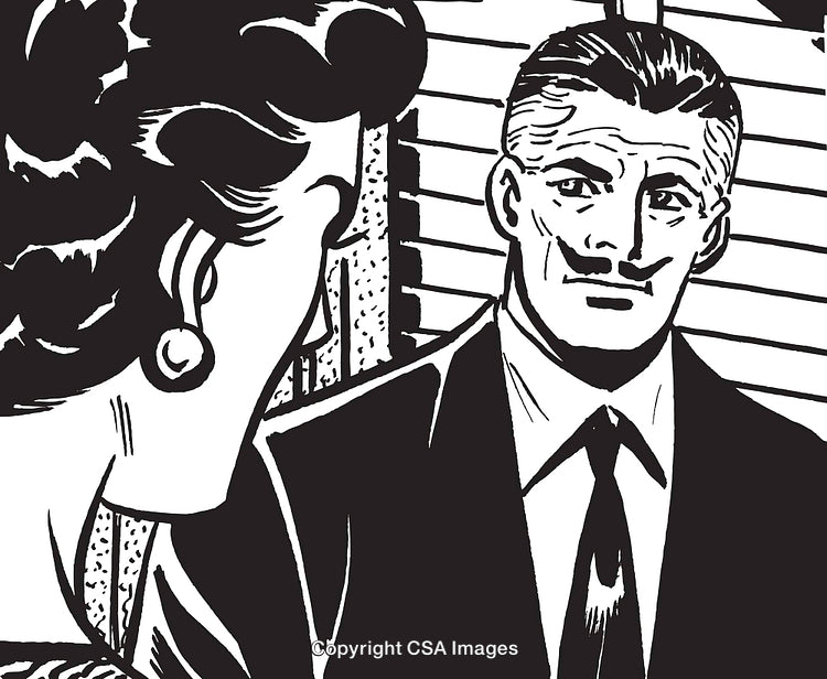 Black and White Retro Illustration of a Couple in Dialogue