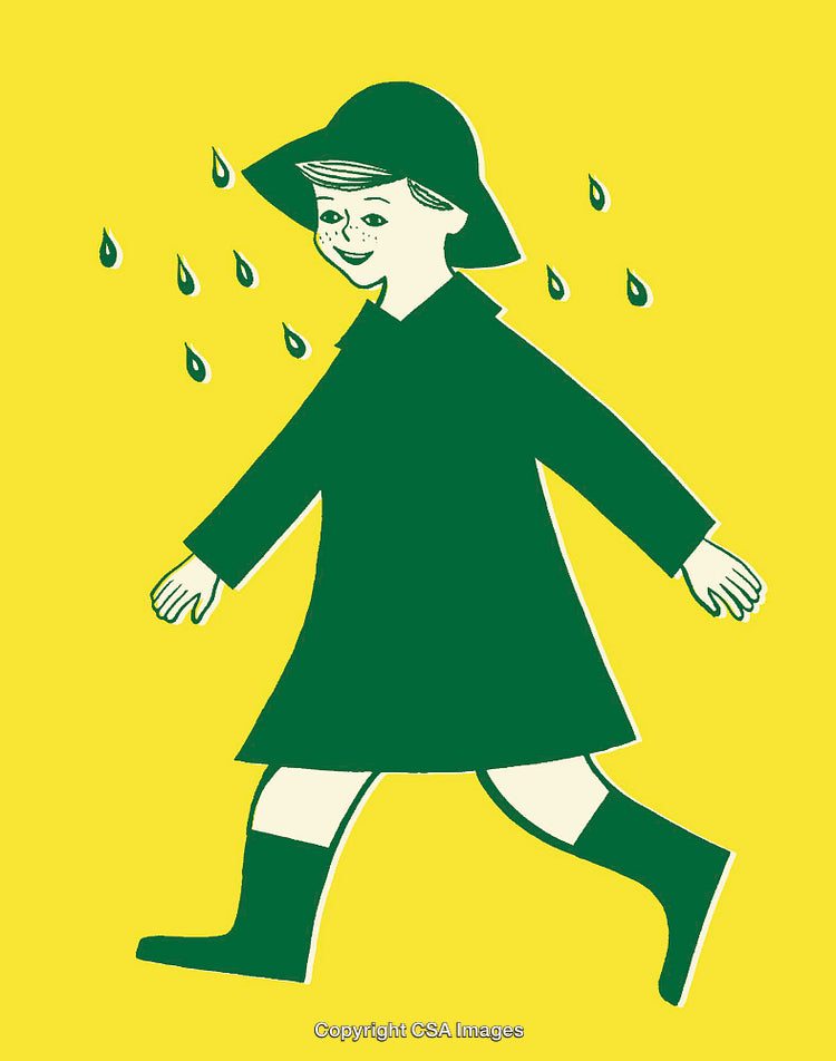 Colorful Line Art Illustration of a Child in Rain Gear With Drops