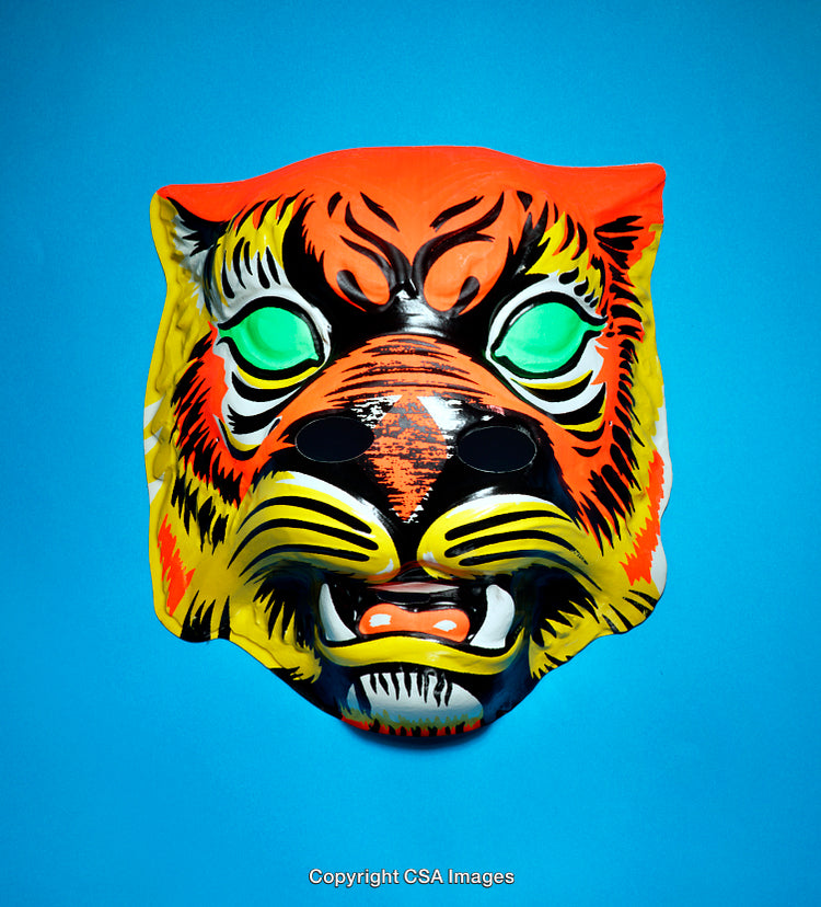 Colorful Tiger Mask Against a Vibrant Blue Background