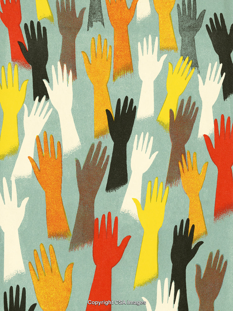 Colorful Illustration of Upraised Hands Symbolizing Unity and Diversity