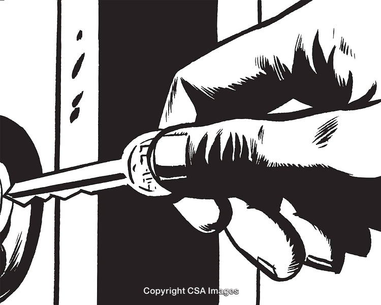 Detailed Black and White Drawing of a Hand with a Key in a Lock