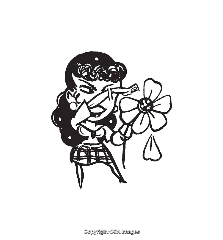 Black and White Line Art of Woman Picking Flower Petals